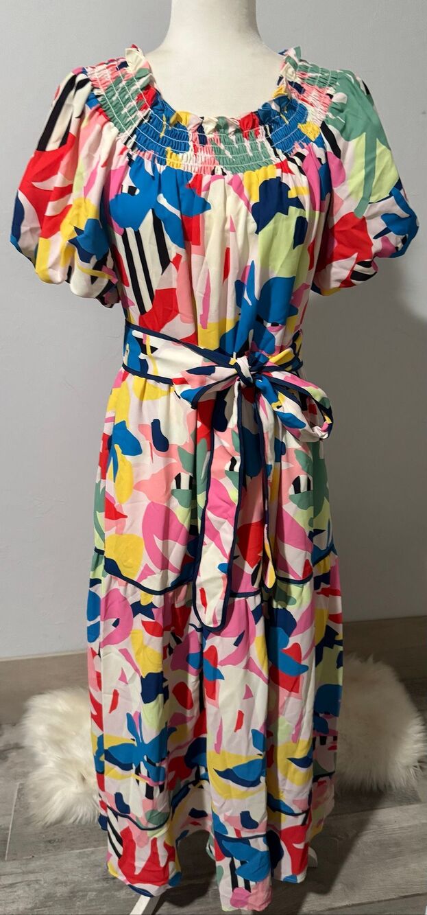 Crosby by Mollie Burch mix print smocked kneck tiered dress